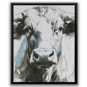 a painting of a cow with a black frame