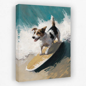 a painting of a dog on a surfboard riding a wave