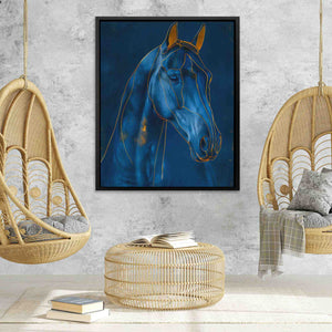 a painting of a blue horse in a room