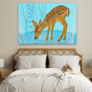 a painting of a deer drinking water from a pond