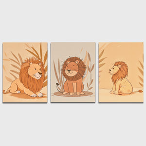 a set of three paintings of a lion and a lion cub