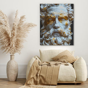 a painting of a man with a beard on a wall above a couch