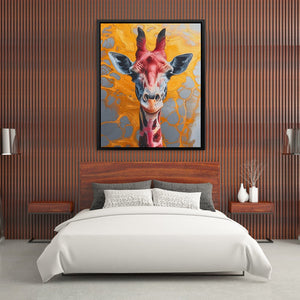 a painting of a giraffe on a wall above a bed