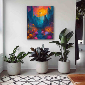 three potted plants in front of a painting on a wall