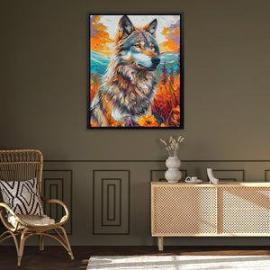 a painting of a wolf in a living room