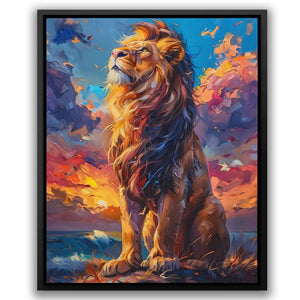 a painting of a lion sitting in front of a sunset