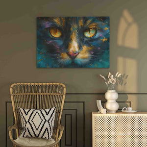 a painting of a cat's face on a wall above a wicker chair