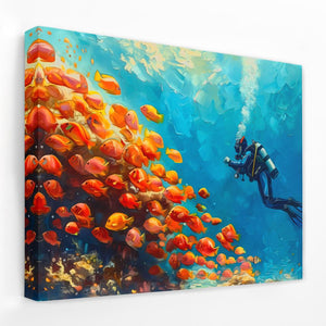 a painting of a scuba diver in a coral reef