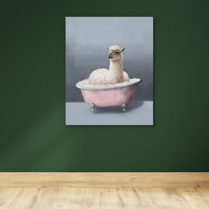 a painting of a llama in a pink bathtub