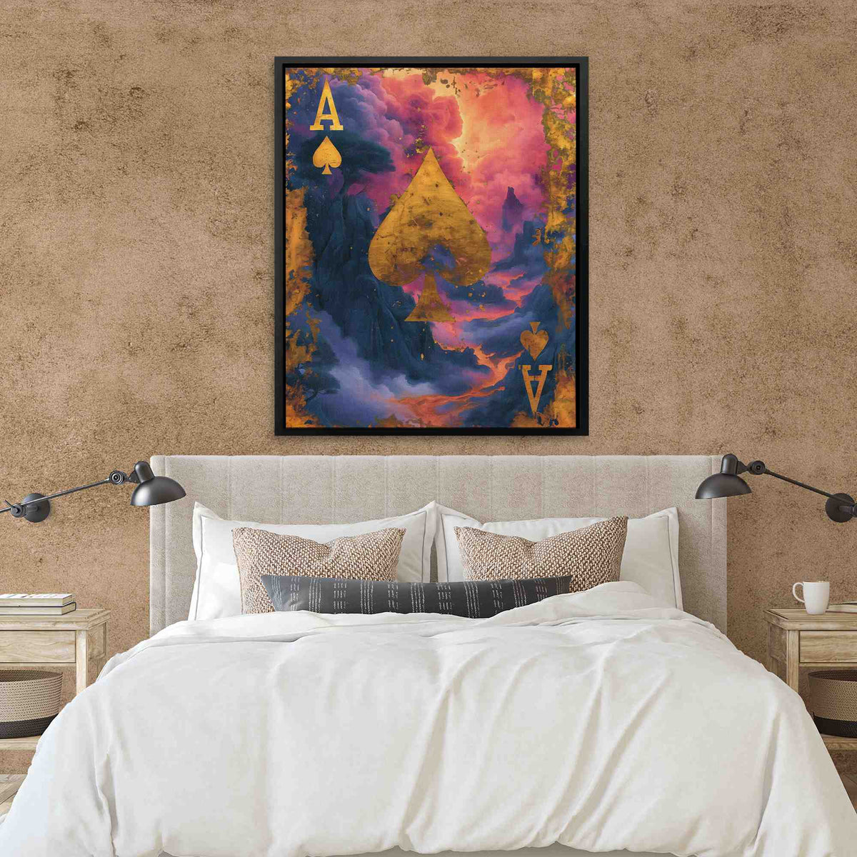 a bed in a room with a painting on the wall