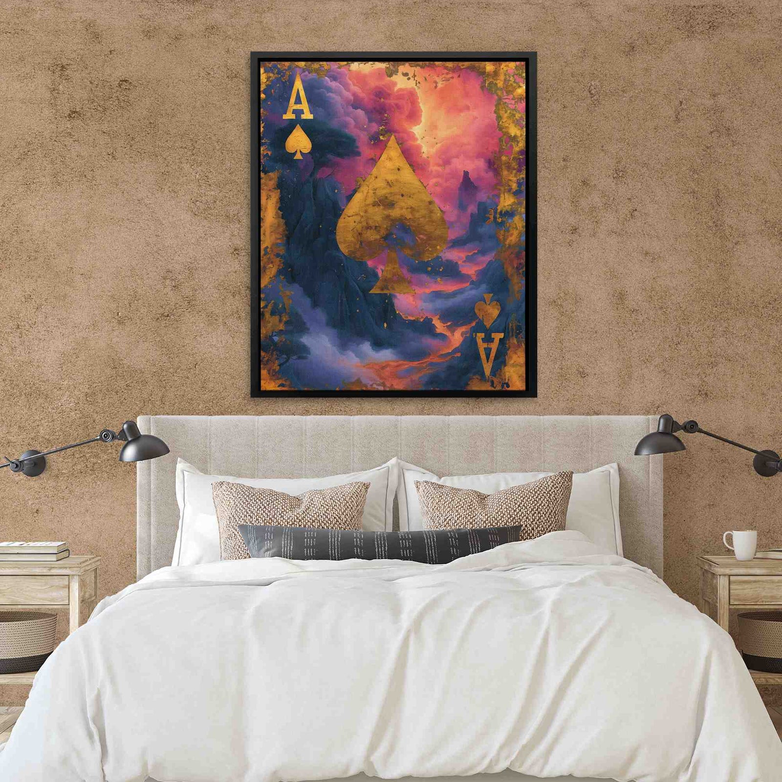 a bed in a room with a painting on the wall