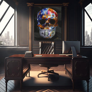 a computer desk with a painting of a skull on it