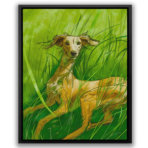 a painting of a dog laying in the grass