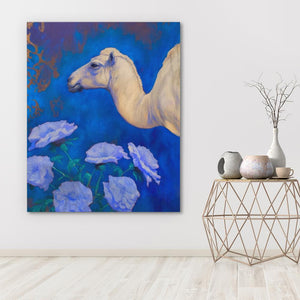 a painting of a camel in a blue room