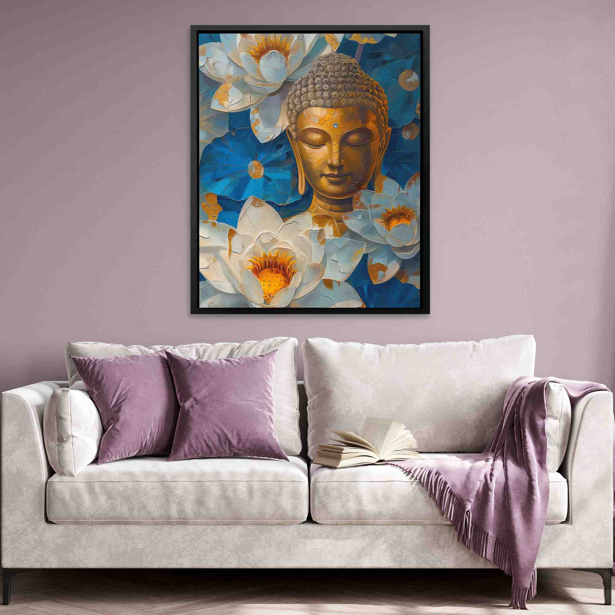 a living room with a couch and a painting on the wall