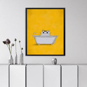 a cat sitting in a bathtub with a yellow background