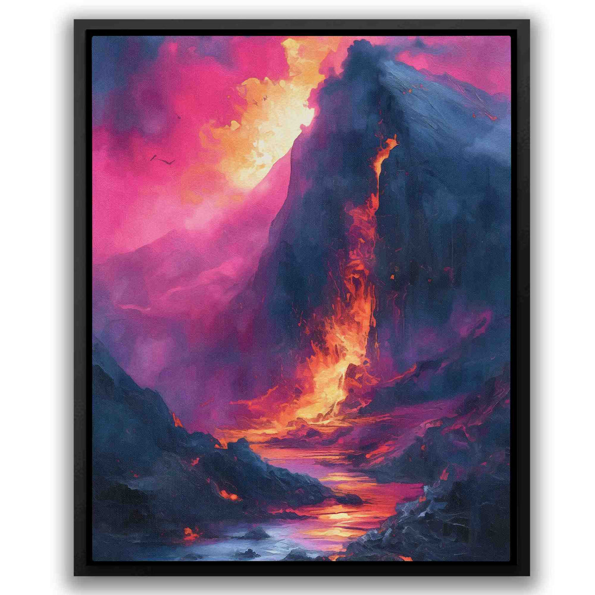 a painting of a mountain with a river running through it