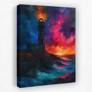 a painting of a lighthouse in the middle of the ocean