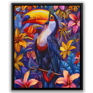 a painting of a toucan sitting on a tree branch