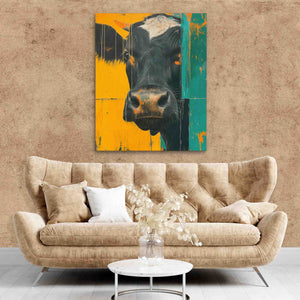 a living room with a couch and a cow painting on the wall