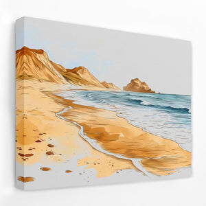 a painting of a beach with mountains in the background