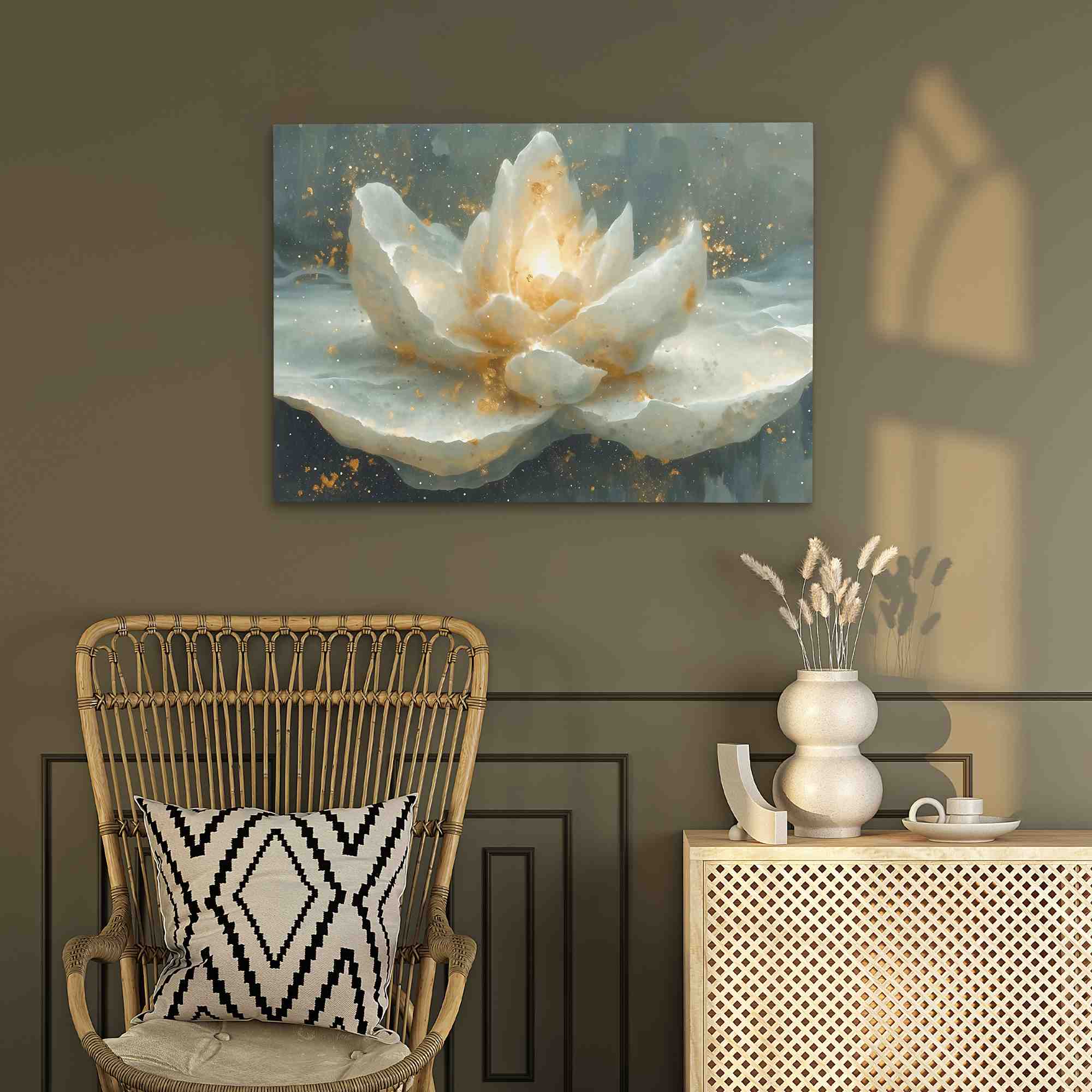 a painting of a white flower on a black background