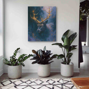 a painting of a deer in a room with plants