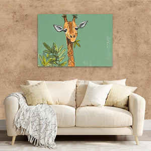 a living room with a couch and a painting of a giraffe