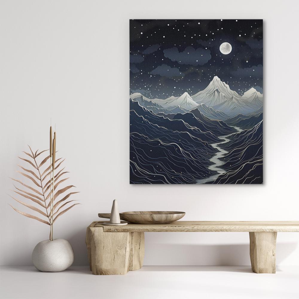 a painting of a mountain range with a moon in the sky