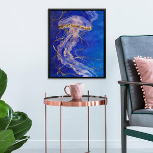 a painting of a jellyfish on a blue background