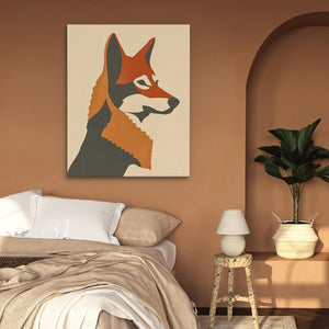 a painting of a fox on a wall above a bed