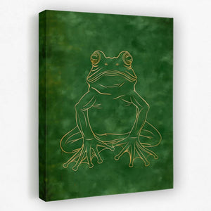 a green frog with gold outline on a green background