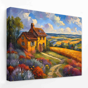 a painting of a yellow house in a field