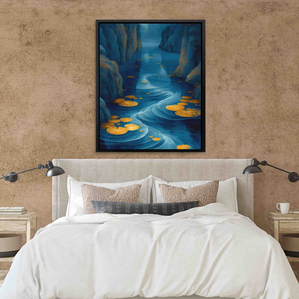 a bedroom with a bed and a painting on the wall