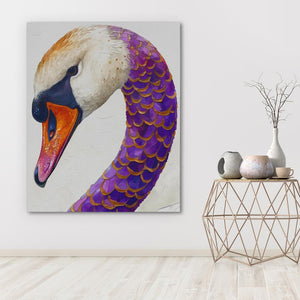 a painting of a swan with a purple neck