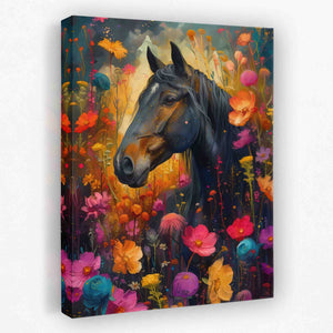 a painting of a horse in a field of flowers