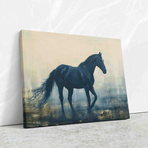 a painting of a black horse running in the rain