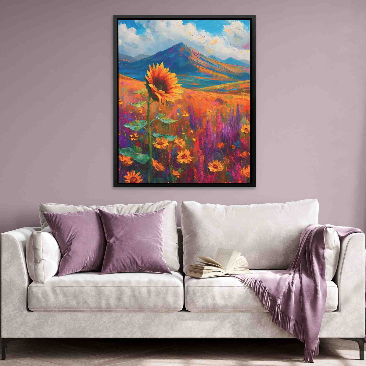 a living room with a couch and a painting on the wall