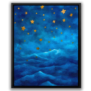 a painting of a night sky with gold stars