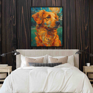 a painting of a golden retriever on a wall above a bed