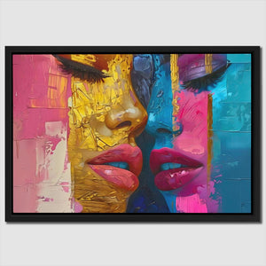 a painting of two women's faces with bright colors