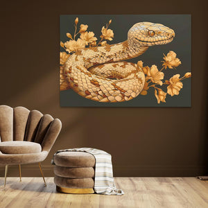 a painting of a snake on a wall next to a chair