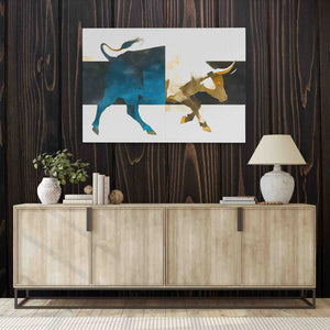 a painting of a bull on a wooden wall