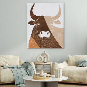 a living room with a cow painting on the wall