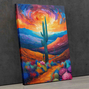 a painting of a desert scene with a cactus in the foreground