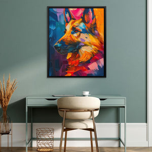 a painting of a dog on a wall above a table