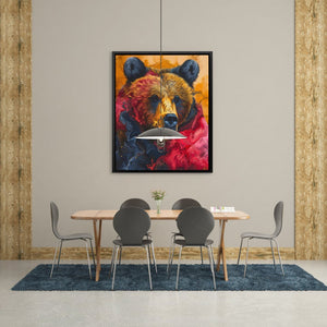 a dining room table with chairs and a painting of a bear