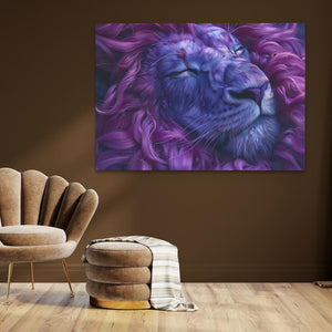 a painting of a lion with purple hair