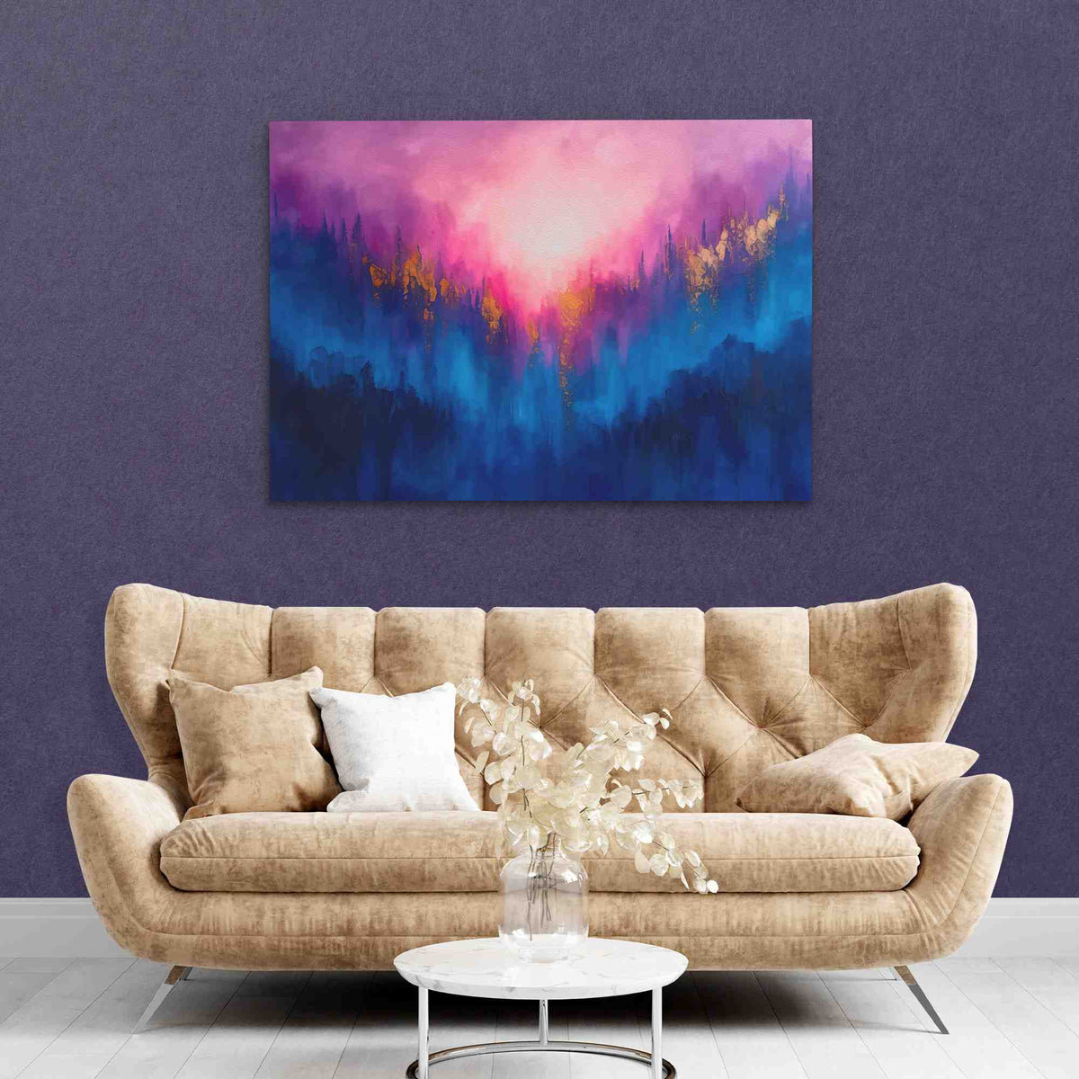 a living room with a couch and a painting on the wall