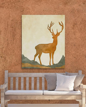 a painting of a deer on a wall above a bench